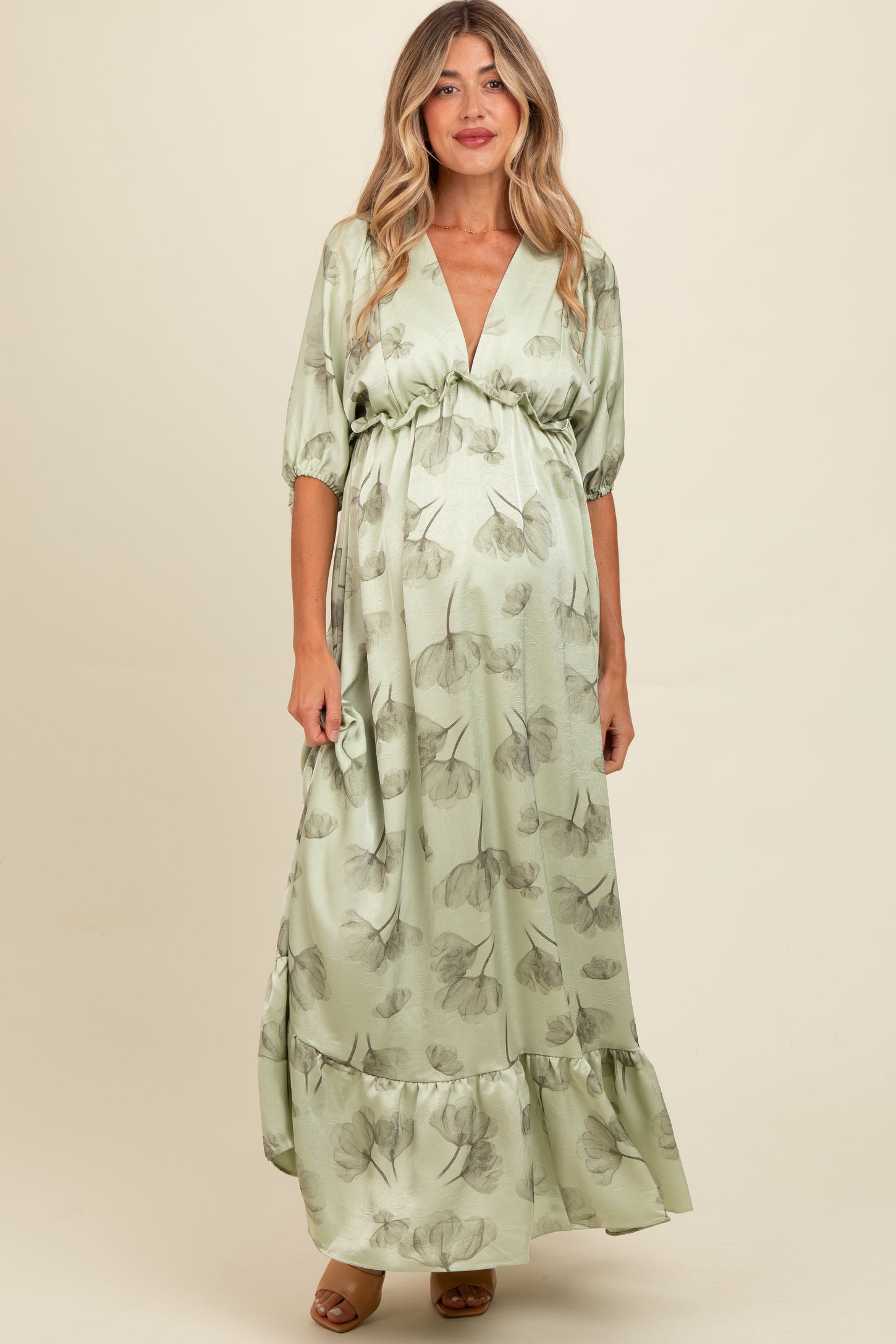 Light Olive Floral Chiffon Ruffle Accent Maternity Maxi Dress– PinkBlush