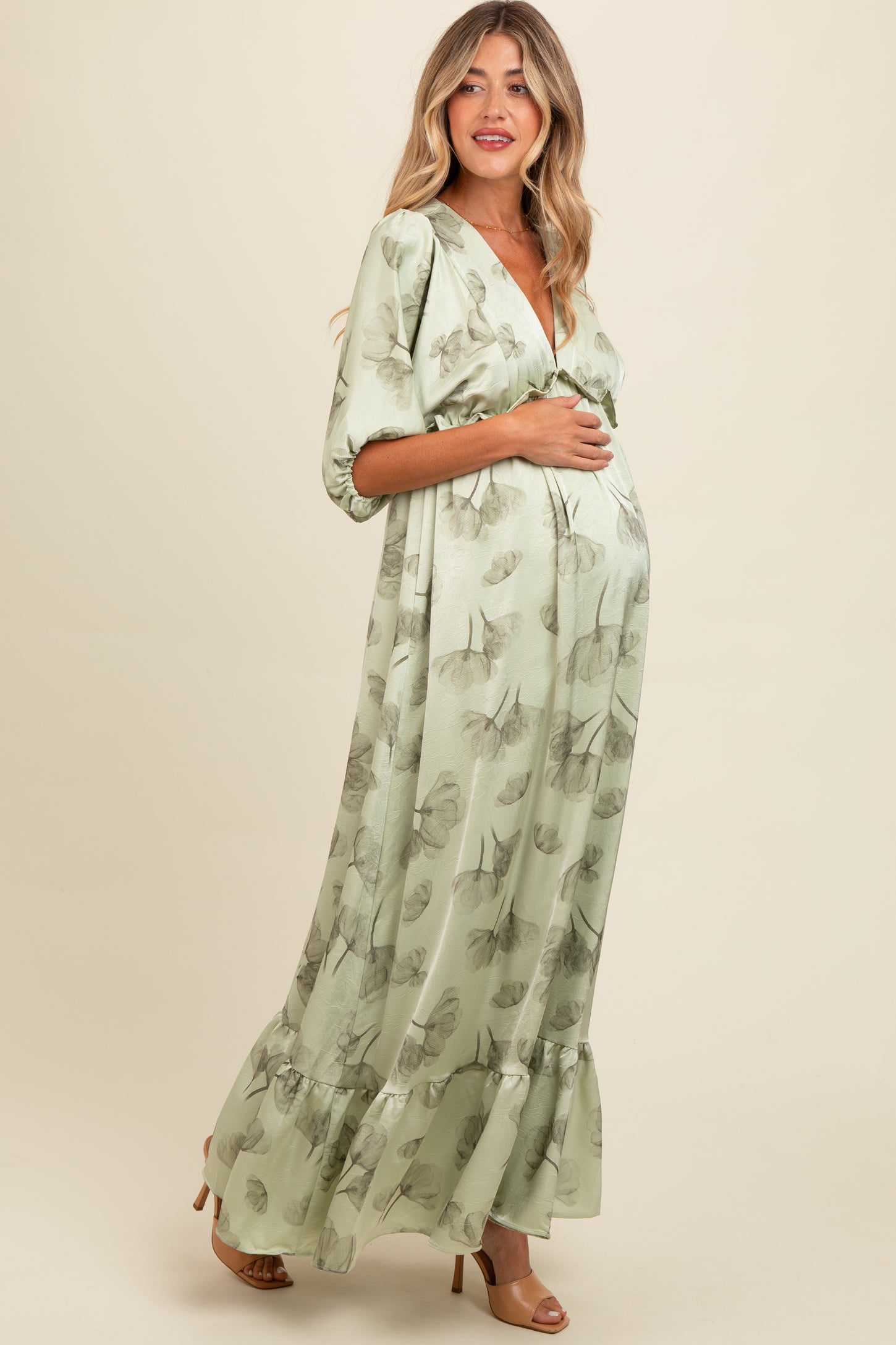 Light Olive Floral Chiffon Ruffle Accent Maternity Maxi Dress – PinkBlush