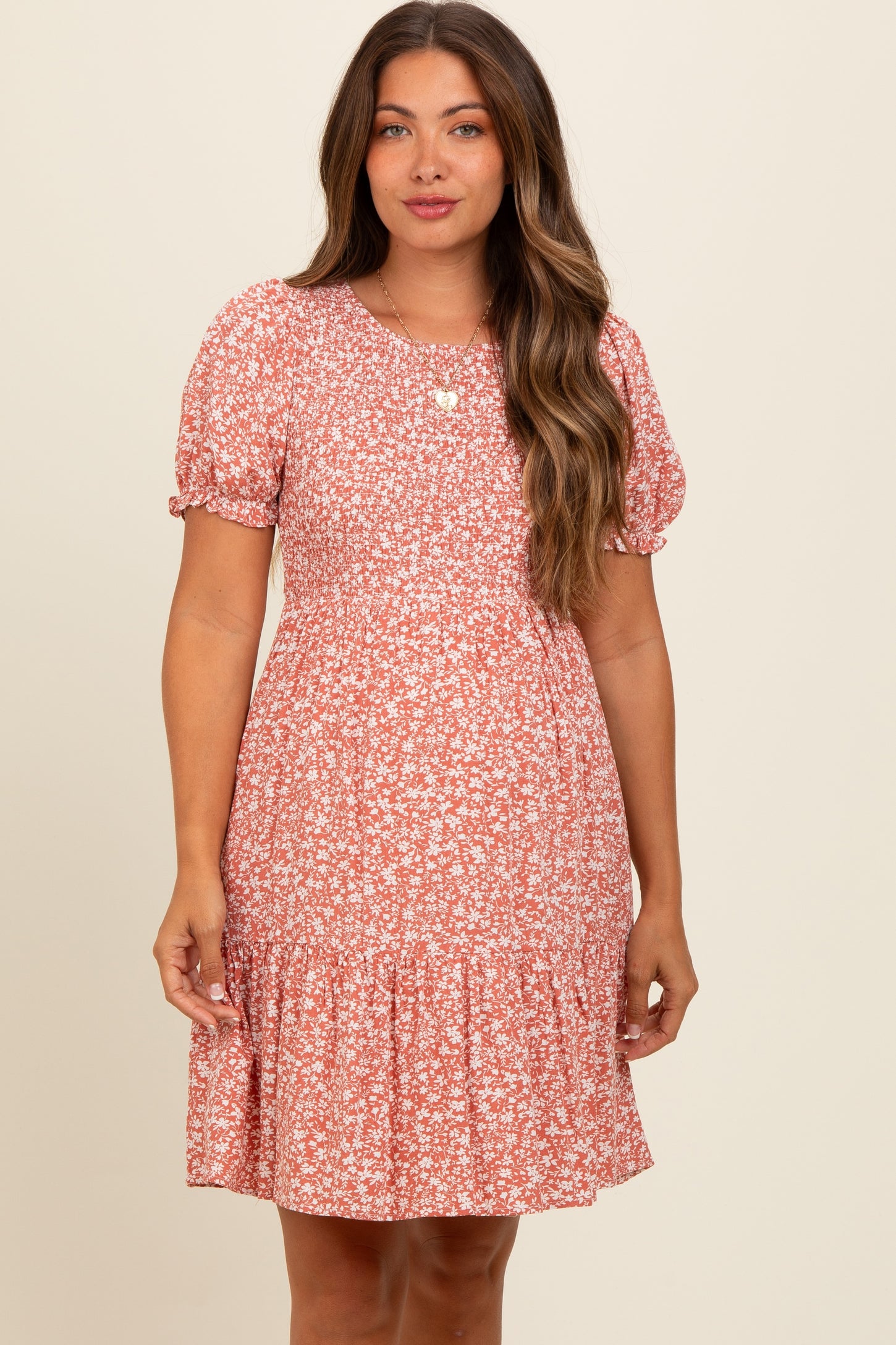 Peach Floral Puff Sleeve Smocked Maternity Dress