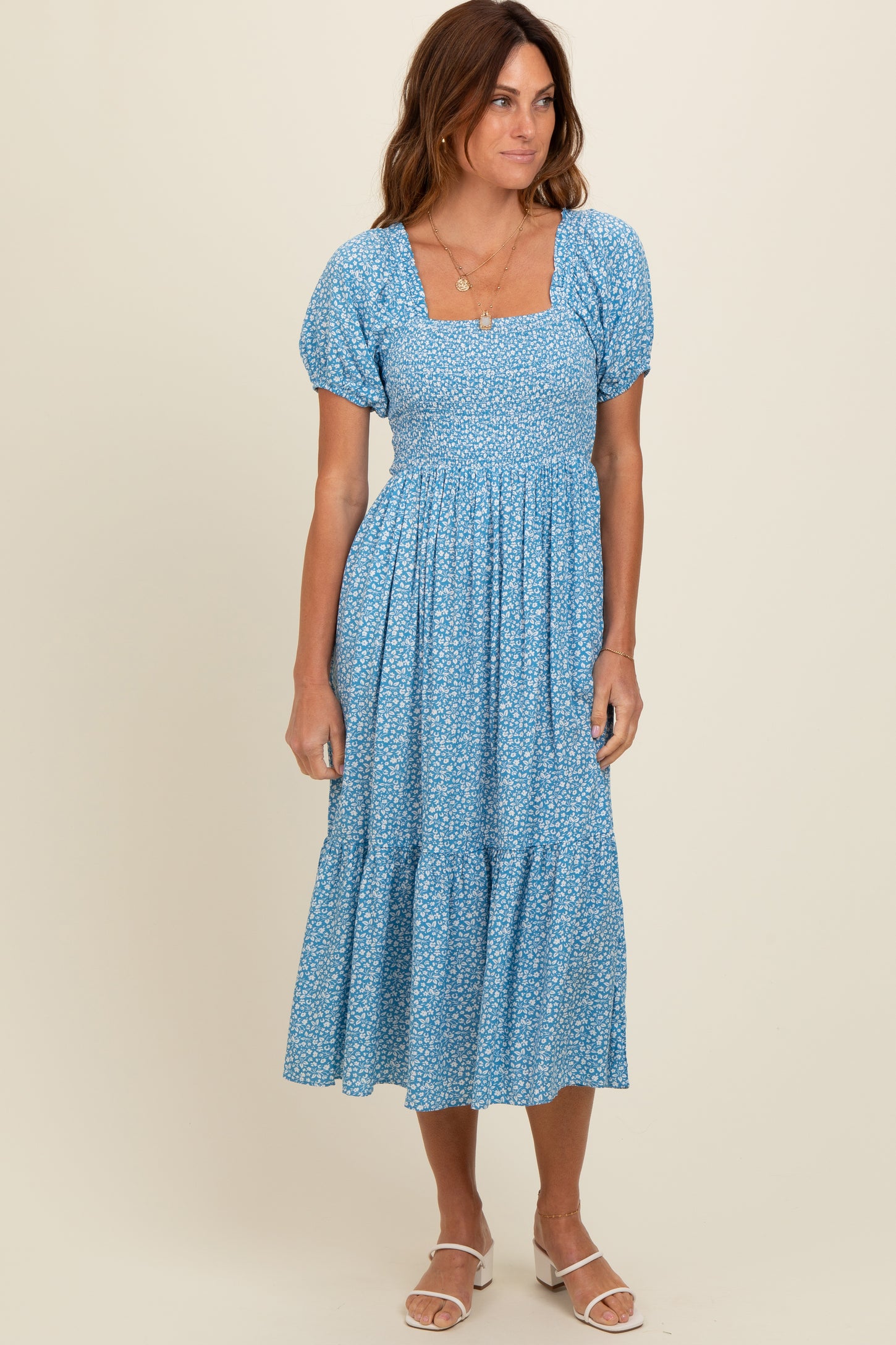 Blue Floral Smocked Ruffle Hem Midi Dress Blue Floral Smocked Ruffle Hem Midi Dress