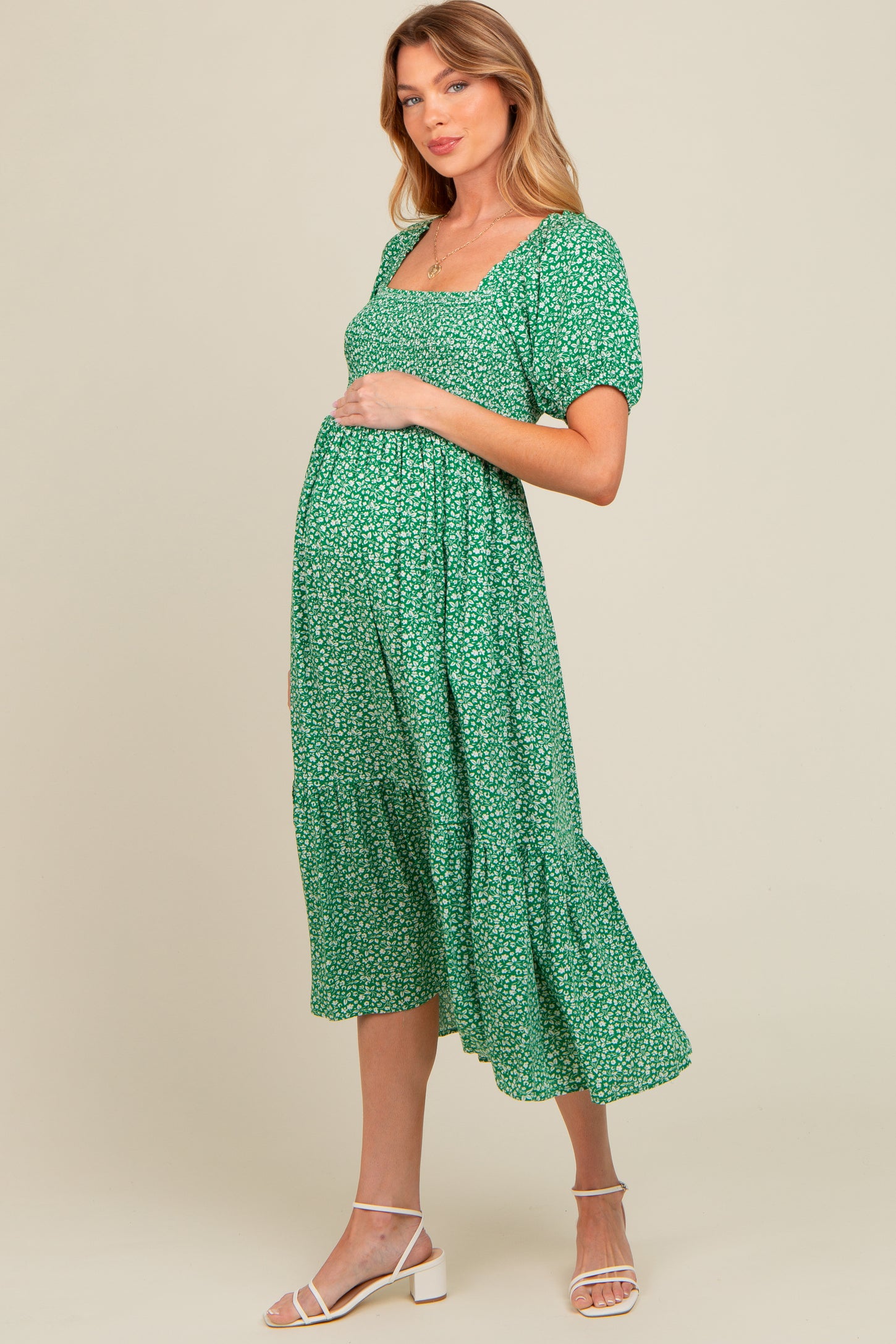 Green Floral Smocked Ruffle Hem Maternity Midi Dress Green Floral Smocked Ruffle Hem Maternity Midi Dress