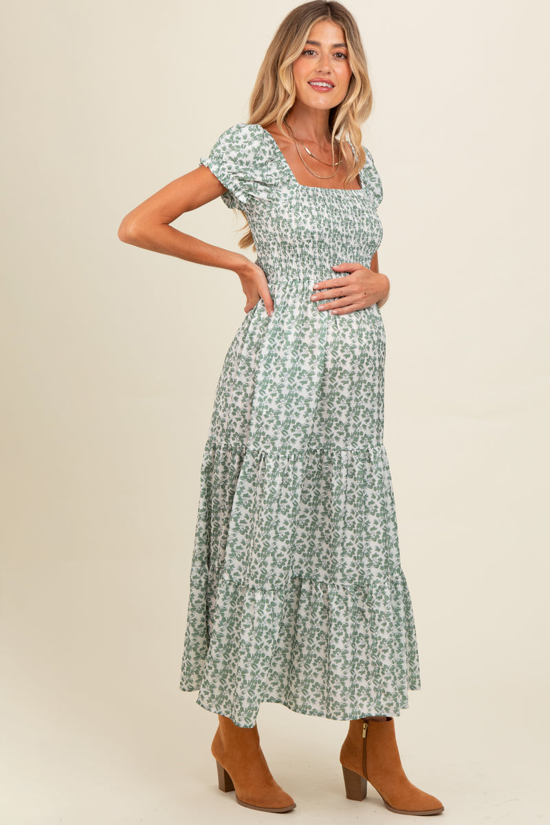Light Olive Floral Lace Trim Maternity Maxi Dress