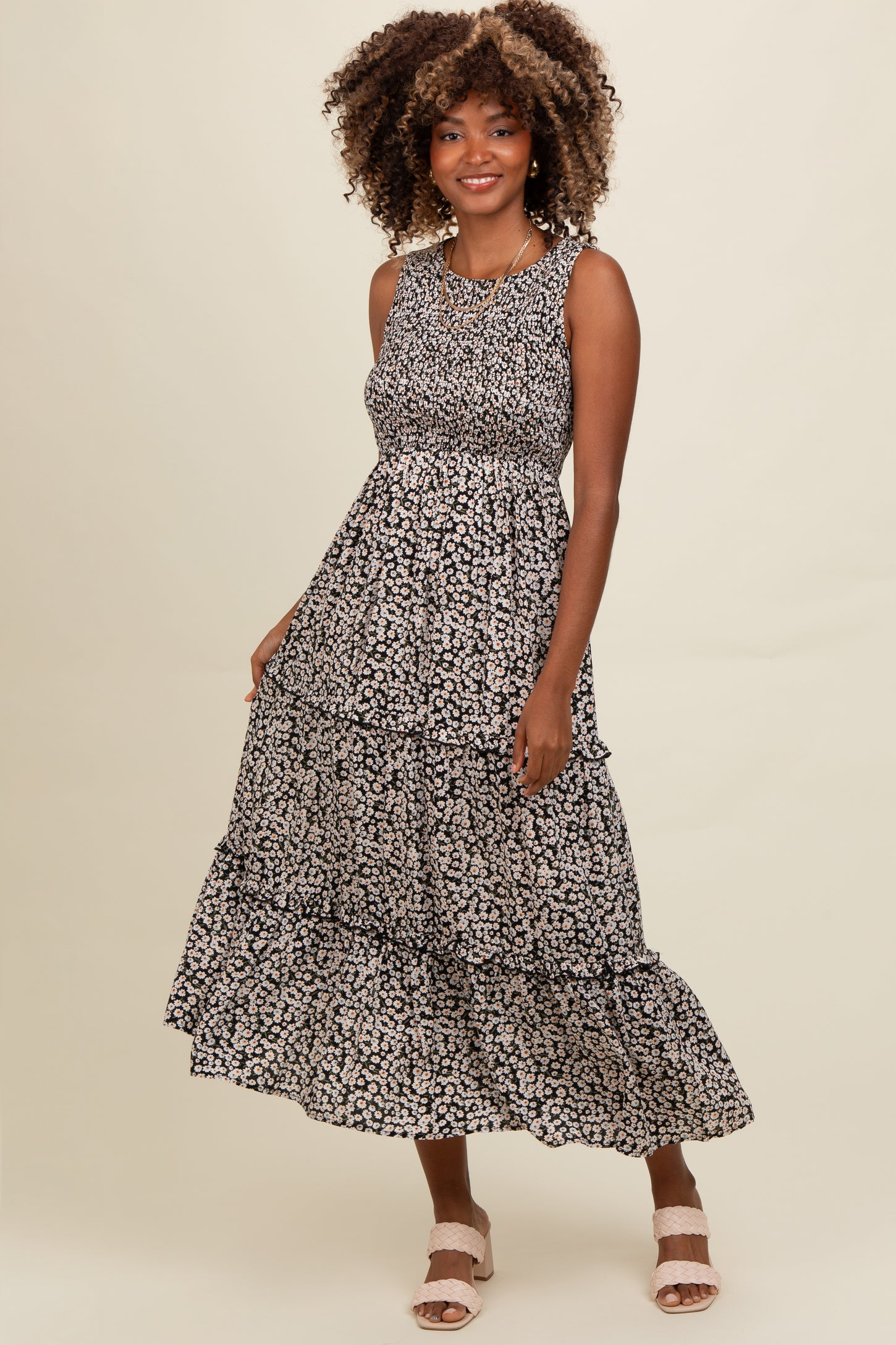 Black Floral Sleeveless Ruffle Tiered Maternity Maxi Dress