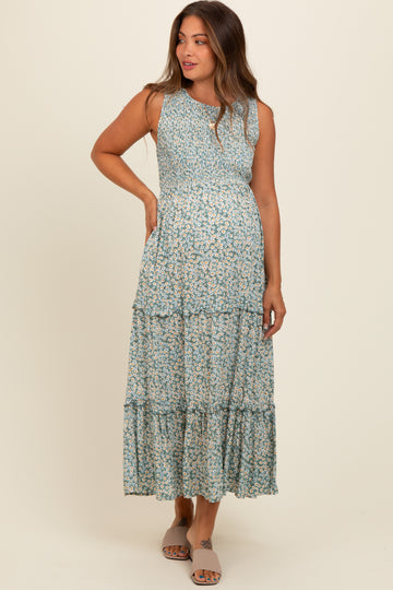 Light Olive Floral Sleeveless Ruffle Tiered Maternity Maxi Dress