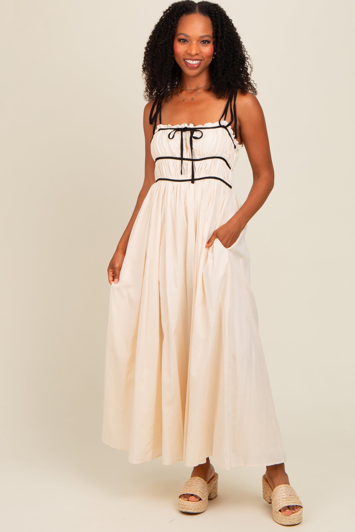 cream maxi dress with black trim Keila Lace Trim Maxi Dress Cream / Black