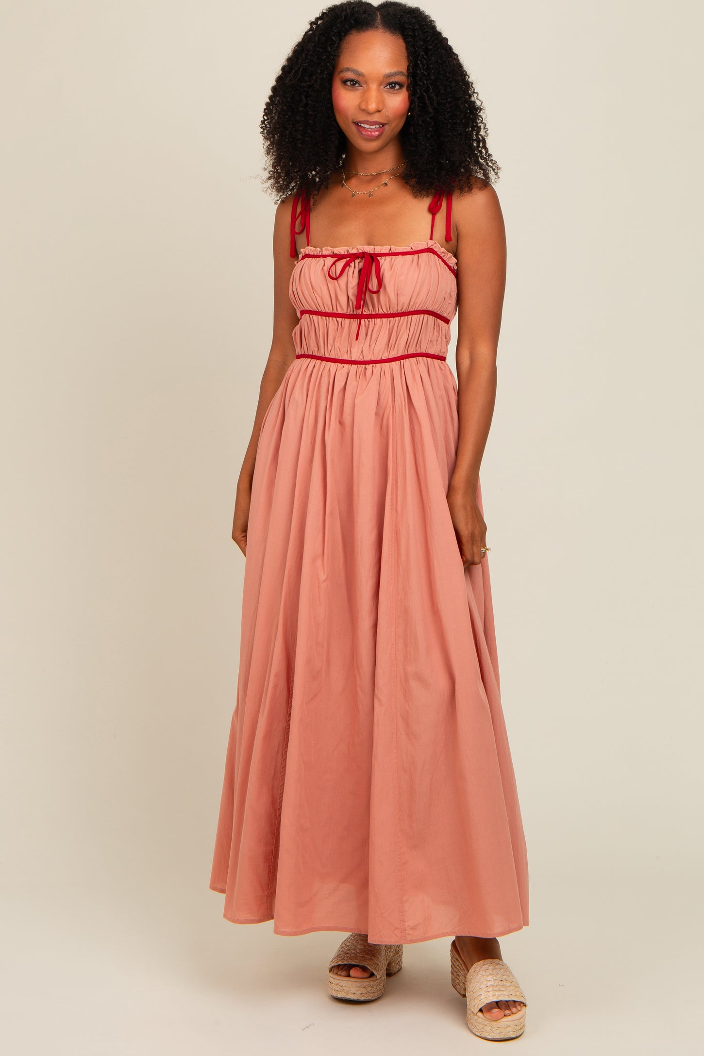 Salmon Contrast Ribbon Trim Maternity Maxi Dress PinkBlush Salmon Contrast Ribbon Trim Maternity Maxi Dress PinkBlush