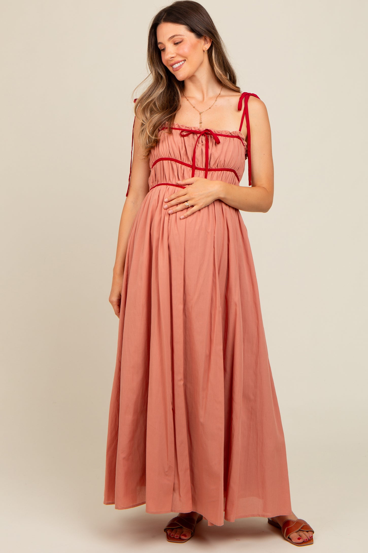 Salmon Contrast Ribbon Trim Maternity Maxi Dress PinkBlush Salmon Contrast Ribbon Trim Maternity Maxi Dress PinkBlush