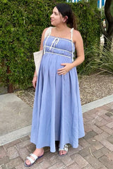 Periwinkle Contrast Ribbon Trim Maternity Maxi Dress