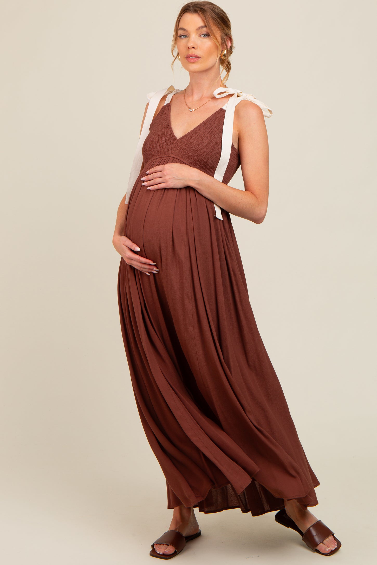 Brown Contrast Shoulder Tie Smocked Maternity Maxi Dress PinkBlush Brown Contrast Shoulder Tie Smocked Maternity Maxi Dress PinkBlush