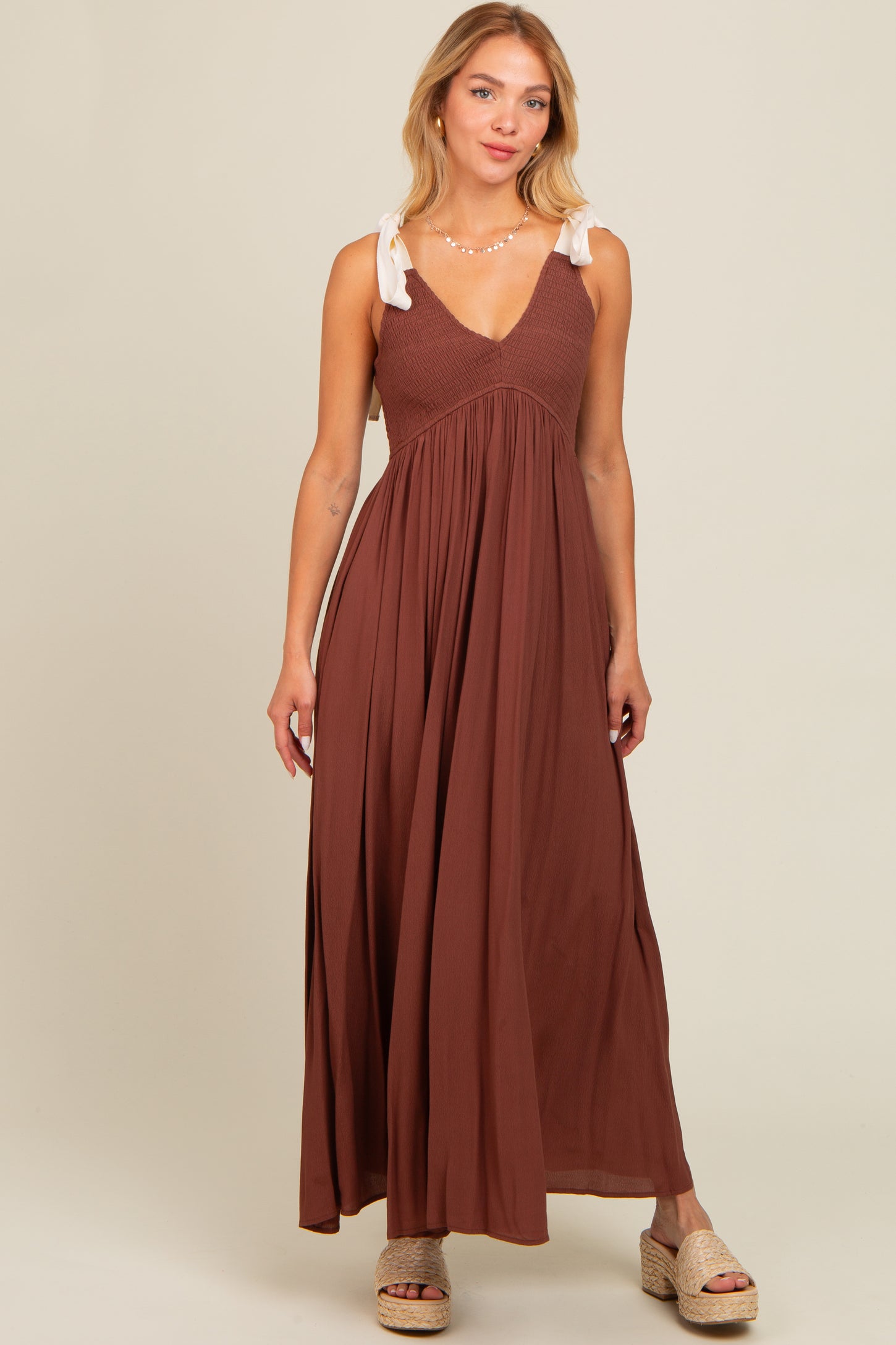 Brown Contrast Shoulder Tie Smocked Maxi Dress Brown Contrast Shoulder Tie Smocked Maxi Dress