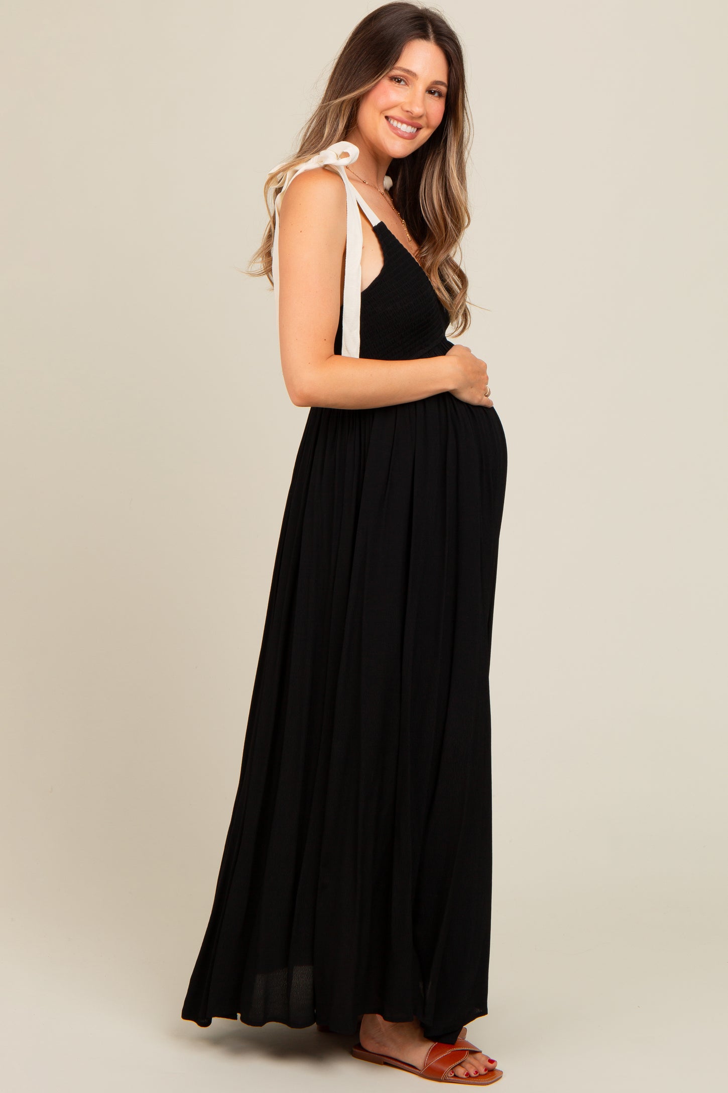 Black Contrast Shoulder Tie Smocked Maternity Maxi Dress – PinkBlush
