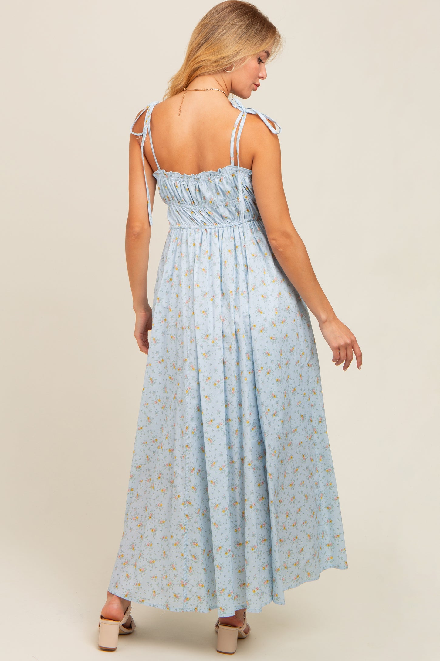Light Blue Floral Ruched Bust Shoulder Tie Maxi Dress Light Blue Floral Ruched Bust Shoulder Tie Maxi Dress