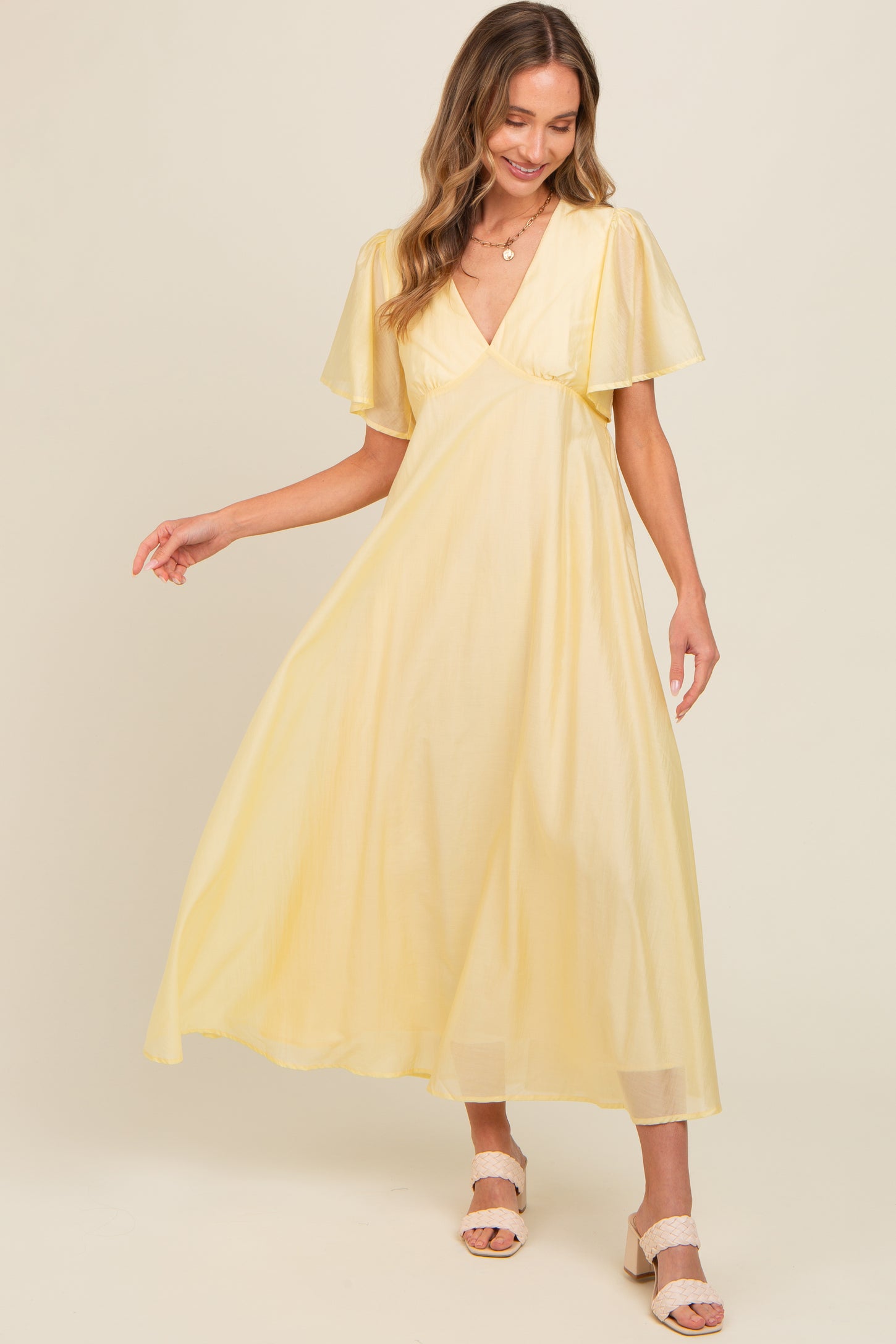 Yellow V-Neck Flutter Sleeve Maxi Dress – PinkBlush Yellow V-Neck Flutter Sleeve Maxi Dress – PinkBlush