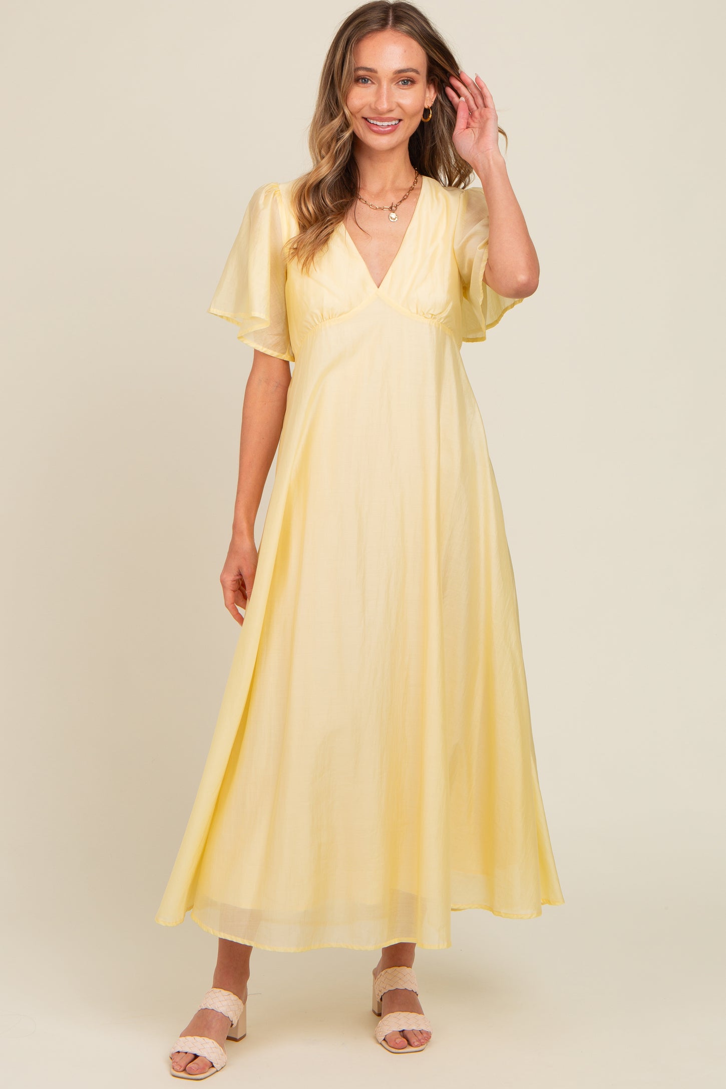 Yellow V-Neck Flutter Sleeve Maxi Dress – PinkBlush