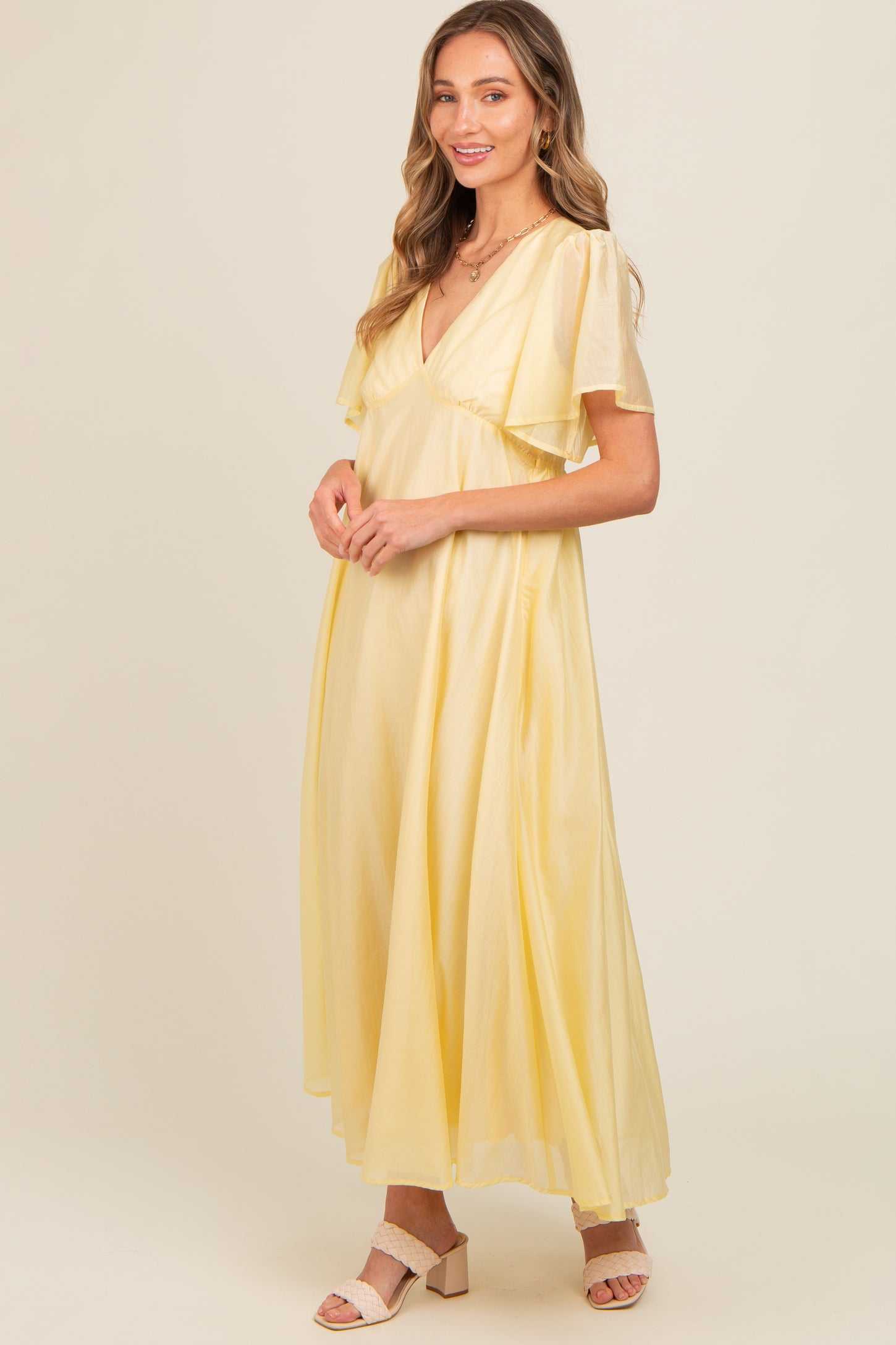 Yellow V-Neck Flutter Sleeve Maxi Dress PinkBlush Yellow V-Neck Flutter Sleeve Maxi Dress PinkBlush