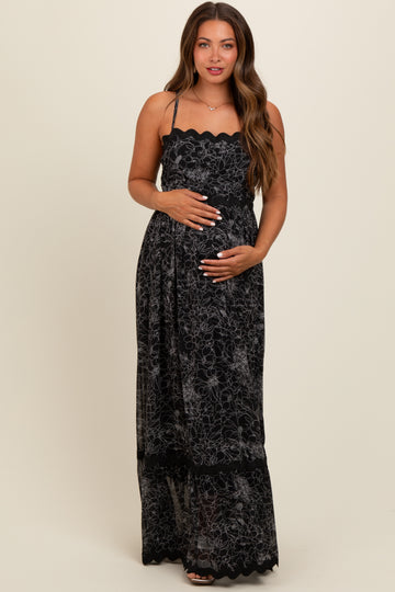 Black Floral Contrast Trim Maternity Maxi Dress