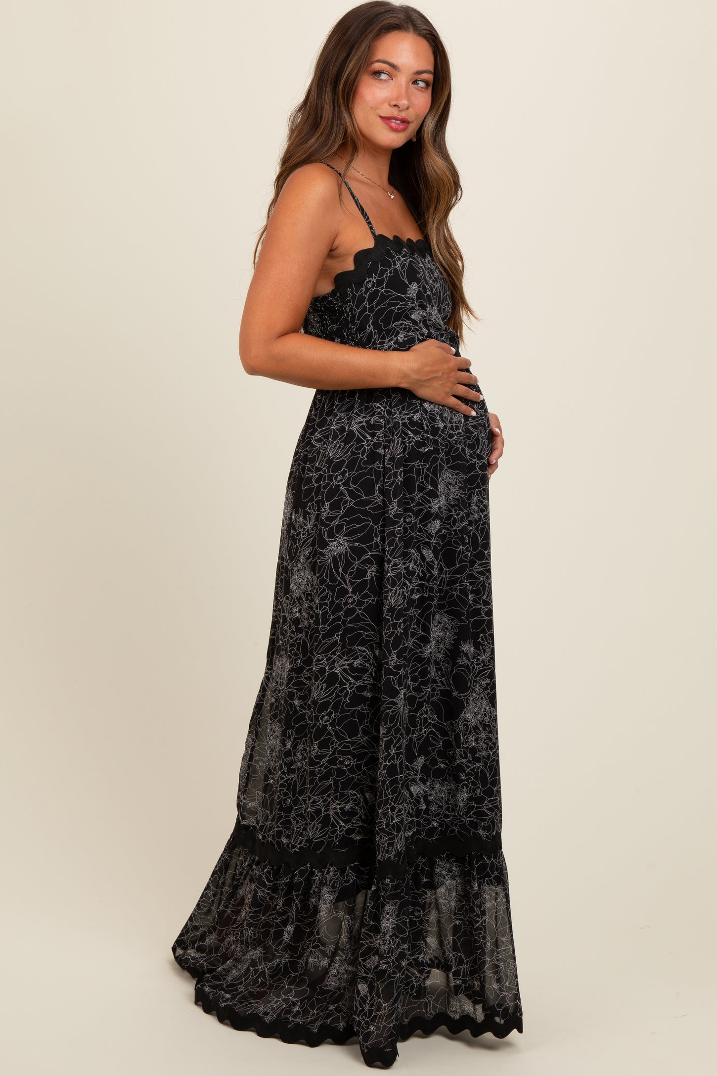 black floral maternity dress Black Floral Smocked Crochet Trim Maternity Dress – The Prissy Pelican main image 1