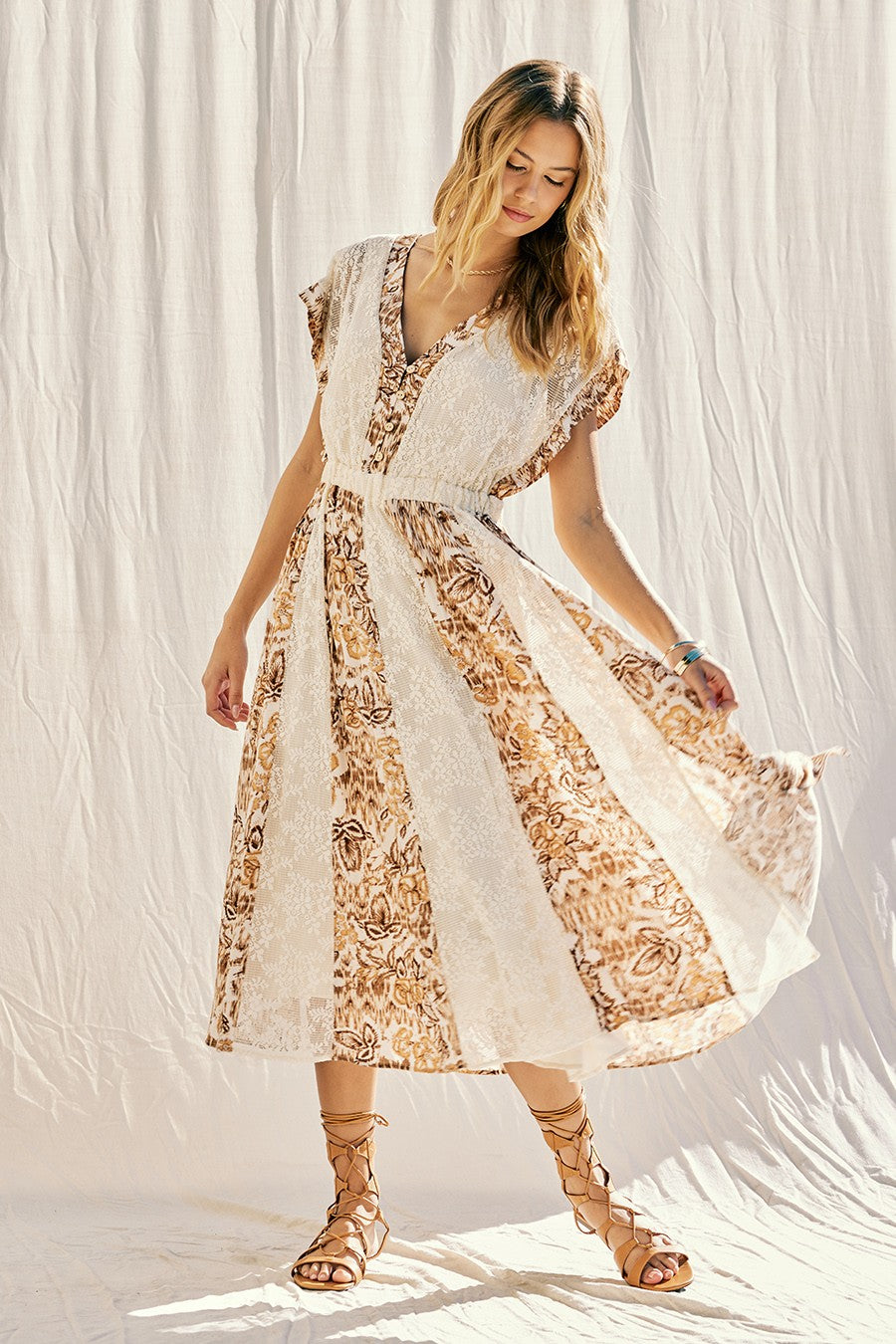 Taupe Multi Printed Lace Midi Dress