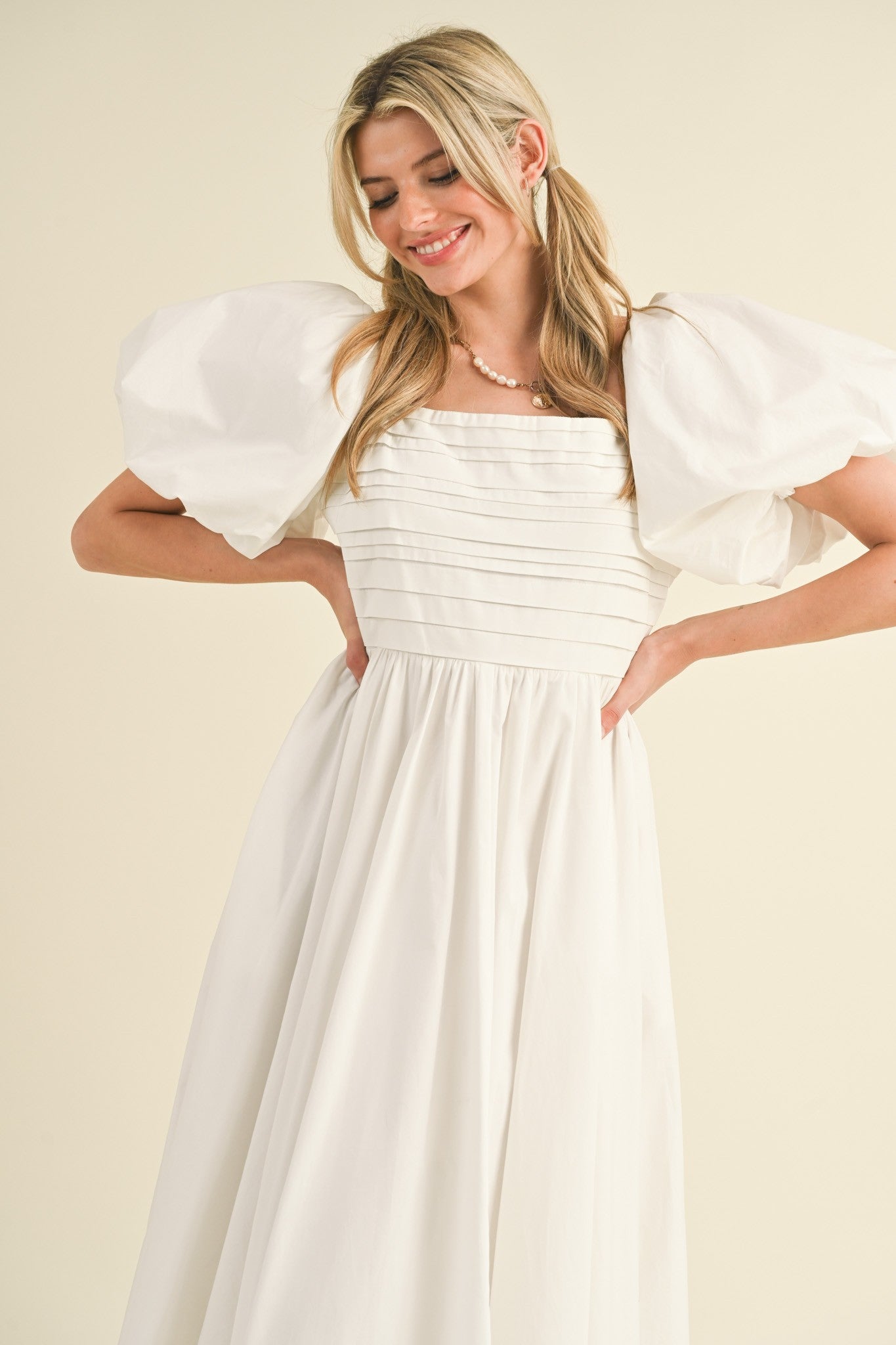 white balloon sleeve midi dress Annette Puff Sleeve Shirred Midi Dress