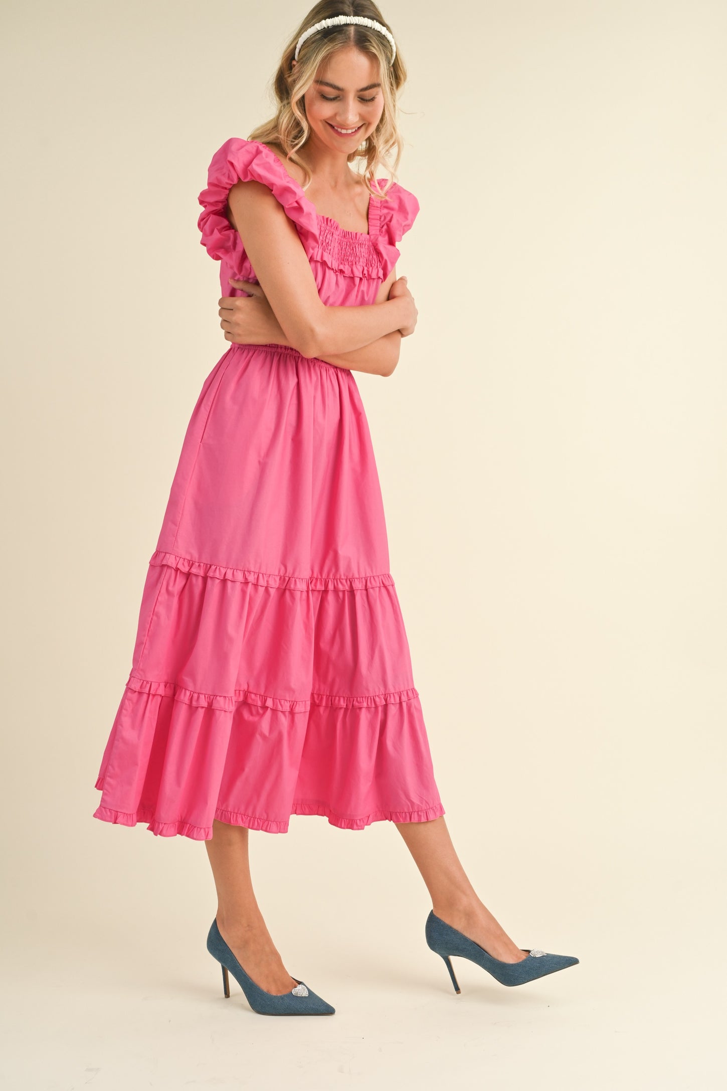 Pink Bubble Sleeve Tiered Ruffle Midi Dress Pink Bubble Sleeve Tiered Ruffle Midi Dress
