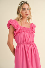 Pink Bubble Sleeve Tiered Ruffle Midi Dress