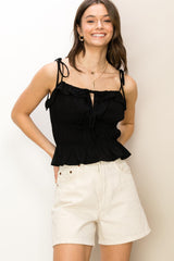 Black Tie-Shoulder Peplum Top