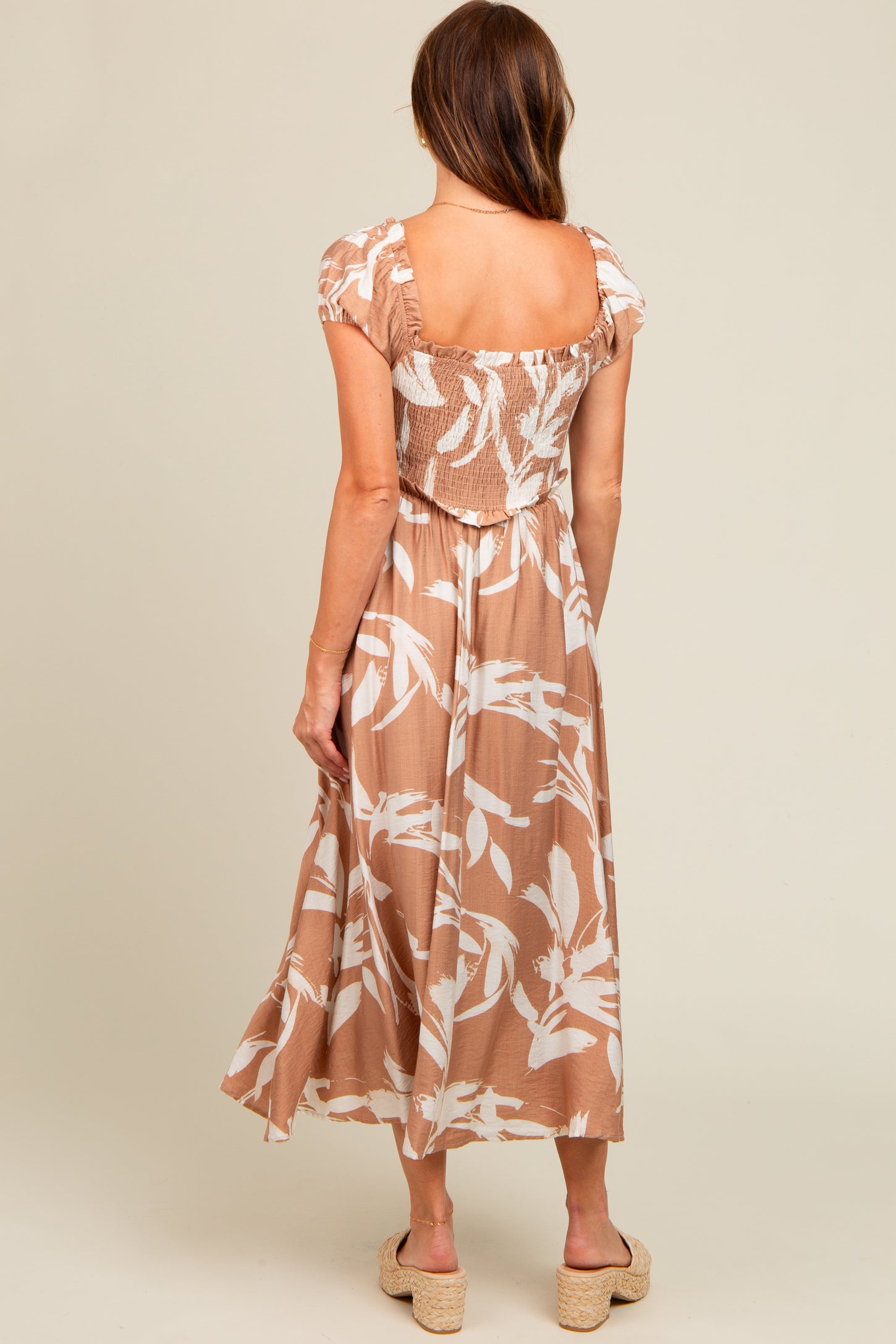 Camel Leaf Print Off Shoulder Smocked Midi Dress