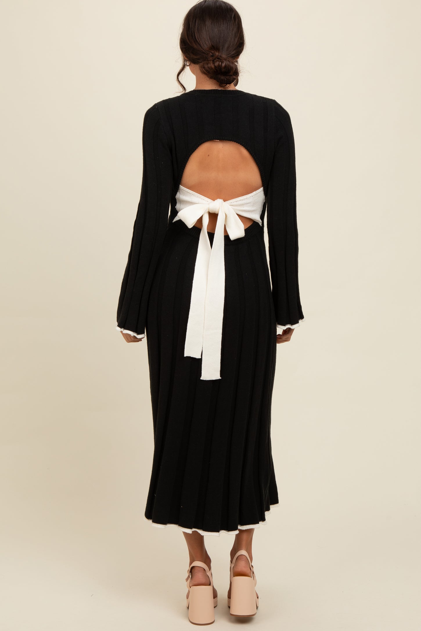 Black Sweater Knit Bell Sleeve Back Cutout Maxi Dress PinkBlush Black Sweater Knit Bell Sleeve Back Cutout Maxi Dress PinkBlush