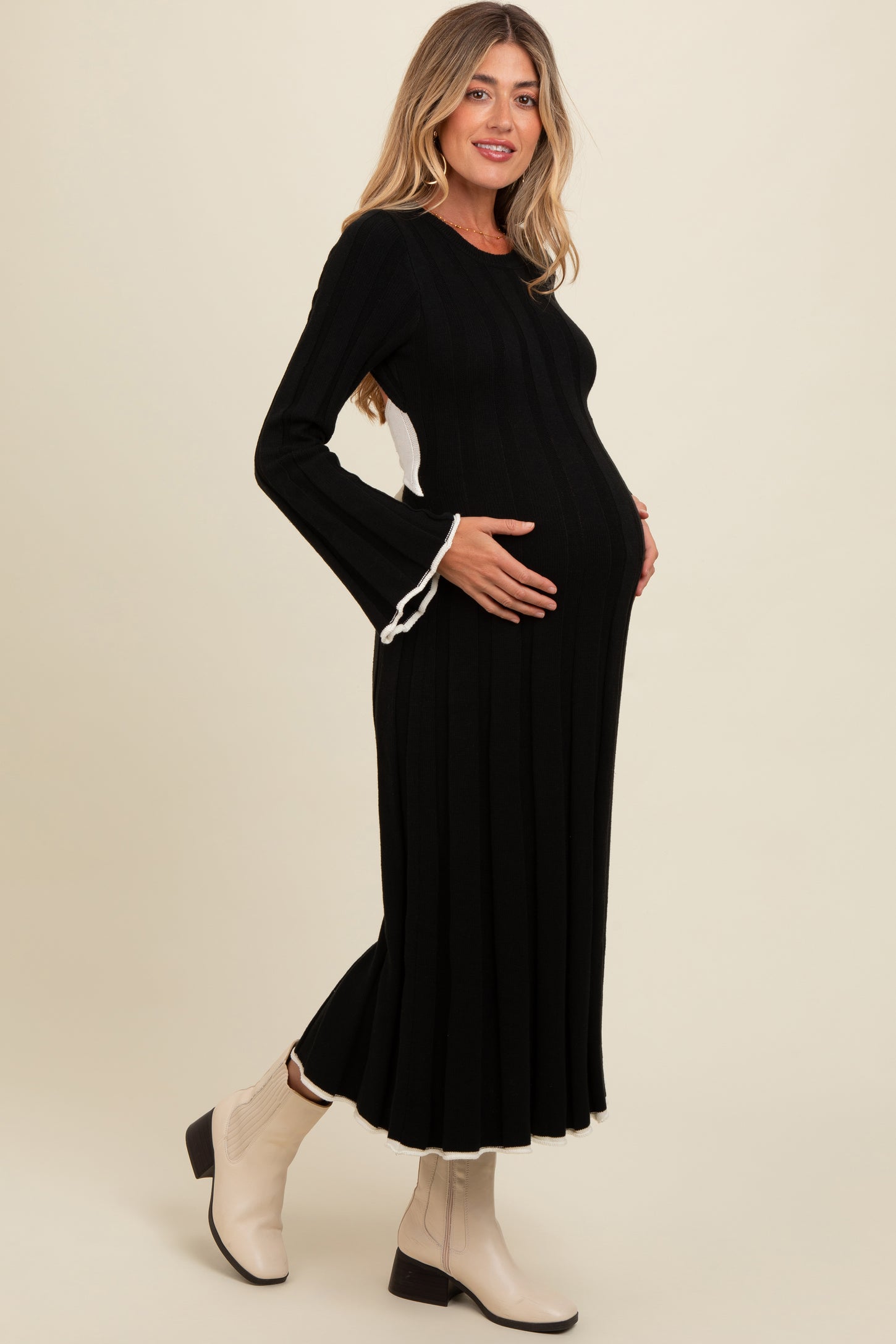 black bell sleeve maxi dress Black Sweater Knit Bell Sleeve Back Cutout Maternity Maxi Dress – PinkBlush
