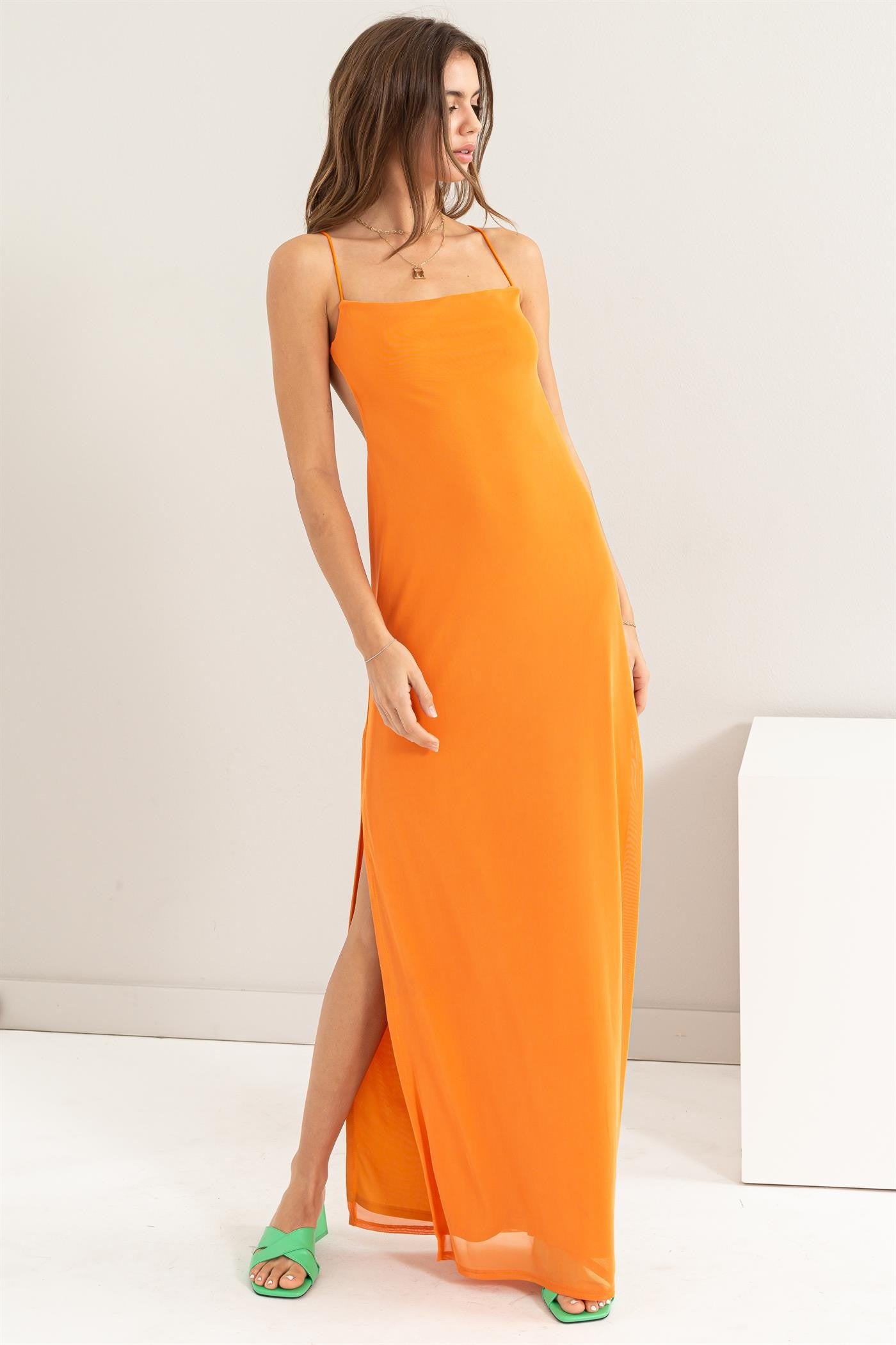 Orange Mesh Backless Maxi Dress