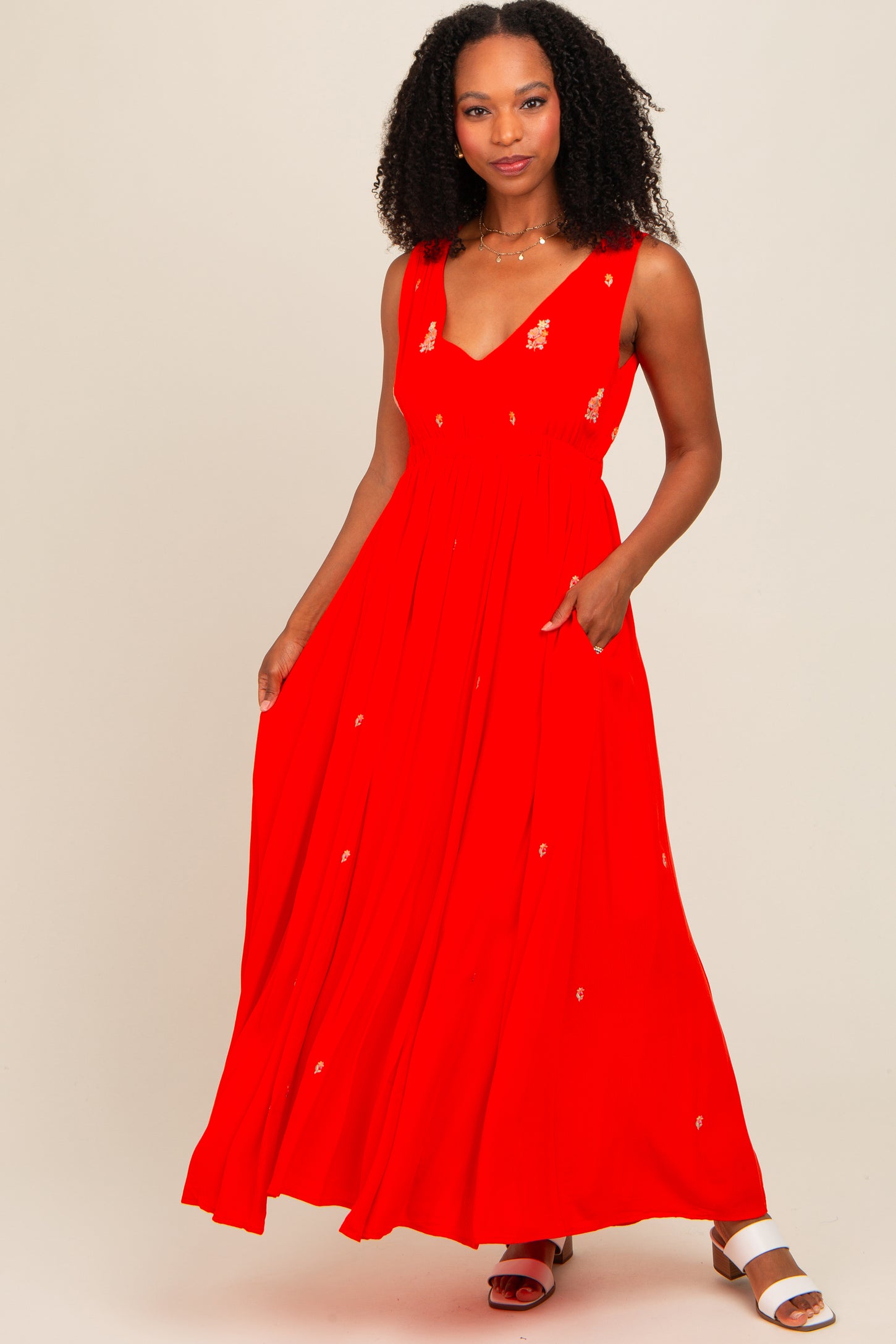 coral maternity maxi dress Shellie | Coral High-Neck Maternity Midi Dress With Corsage Detail