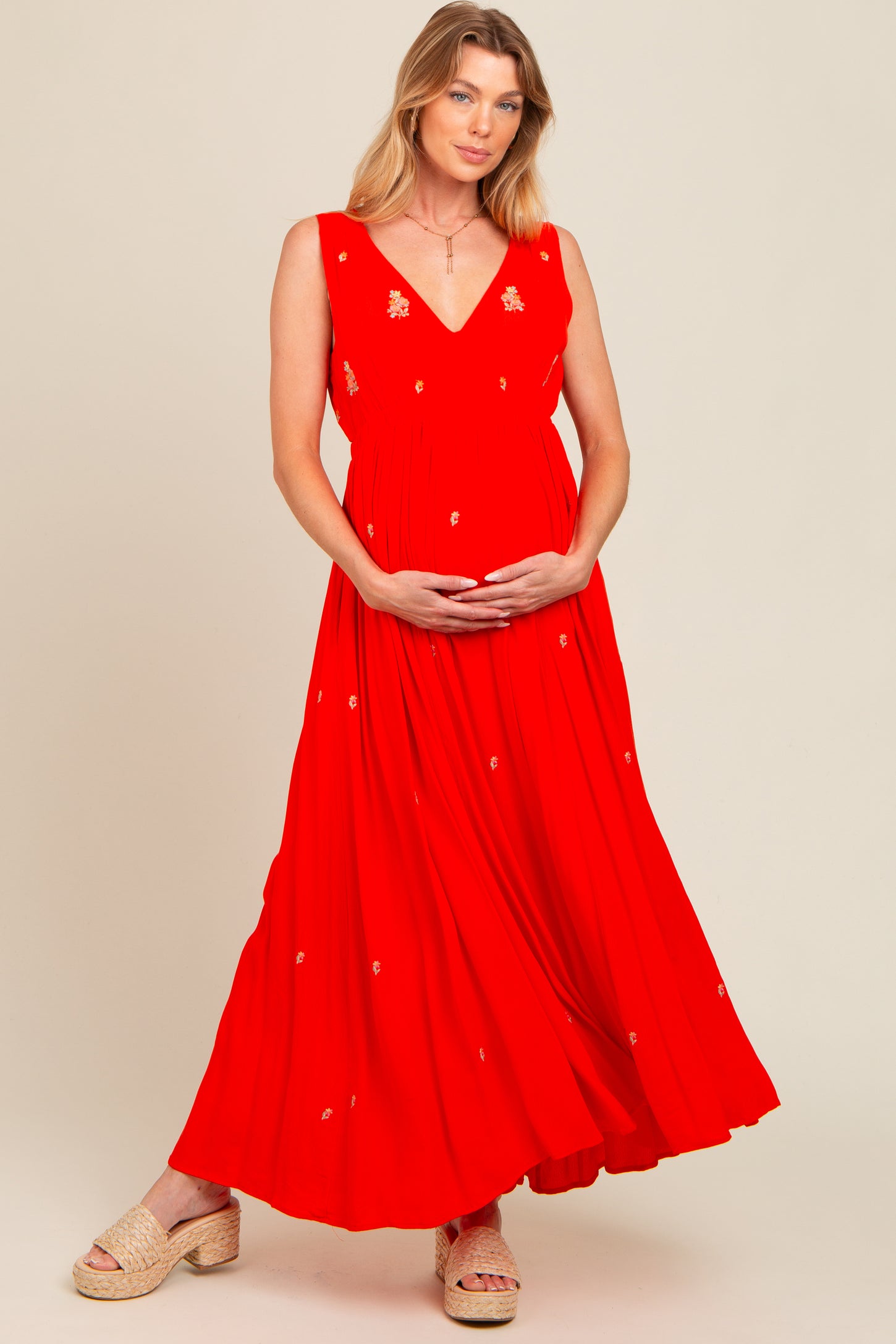 coral maternity maxi dress Shellie | Coral High-Neck Maternity Midi Dress With Corsage Detail