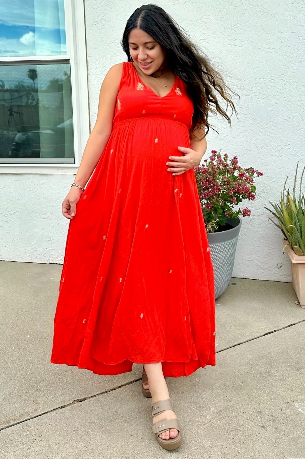 Coral Floral Embroidered Sleeveless Maternity Maxi Dress