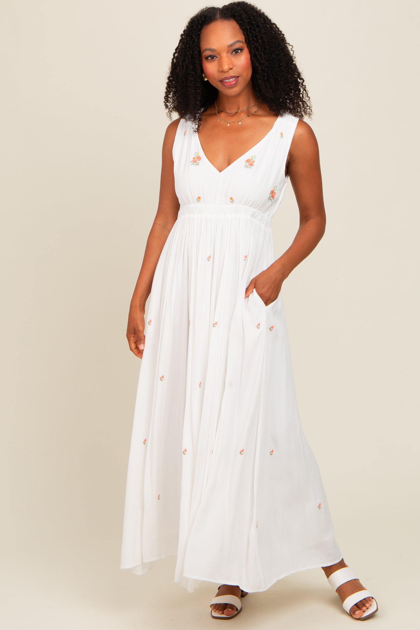 White Floral Embroidered Sleeveless Maxi Dress PinkBlush White Floral Embroidered Sleeveless Maxi Dress PinkBlush