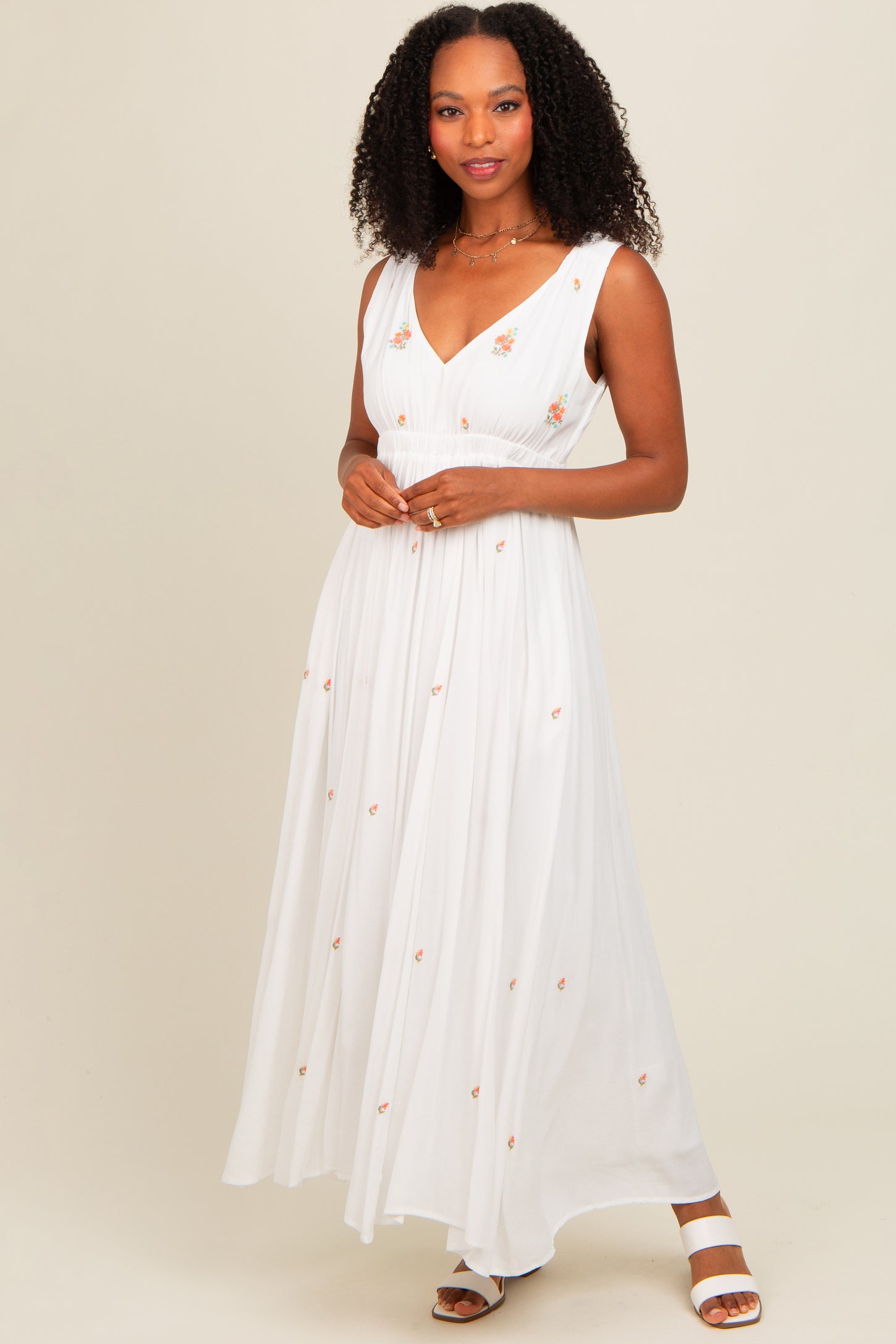 White Floral Embroidered Sleeveless Maxi Dress PinkBlush White Floral Embroidered Sleeveless Maxi Dress PinkBlush