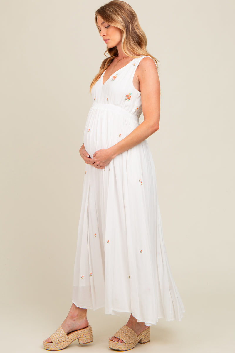 White Floral Embroidered Sleeveless Maternity Maxi Dress – PinkBlush