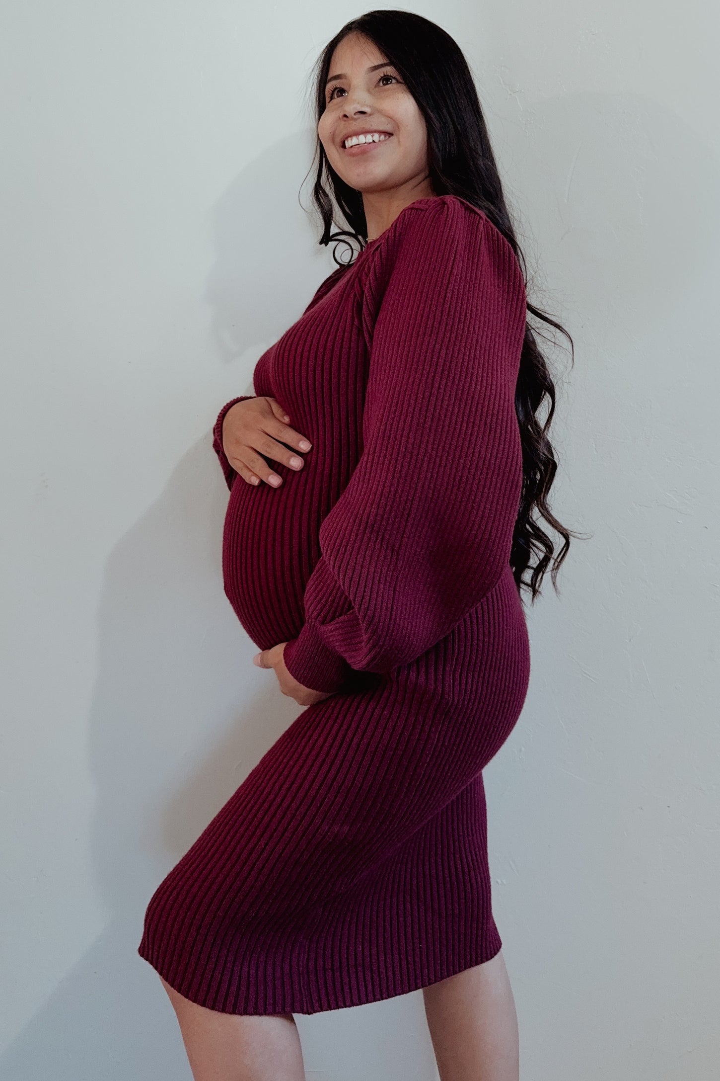 Burgundy Bubble Sleeve Maternity Sweater Dress PinkBlush Burgundy Bubble Sleeve Maternity Sweater Dress PinkBlush