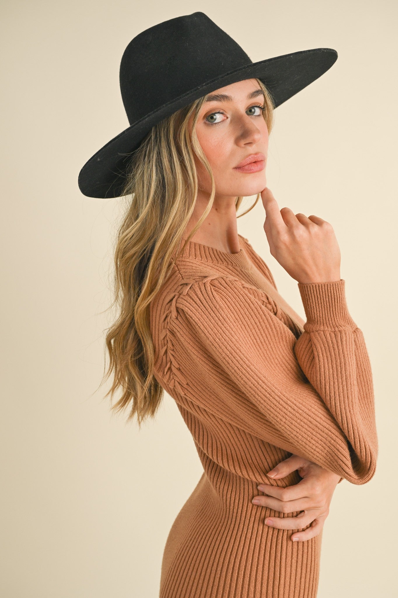 Camel Bubble Sleeve Sweater Dress Camel Bubble Sleeve Sweater Dress