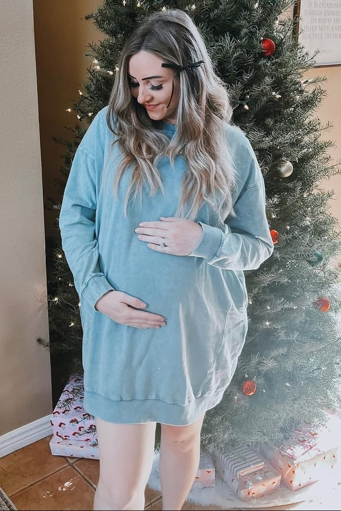 Teal Mineral Wash Maternity Sweatshirt Dress
