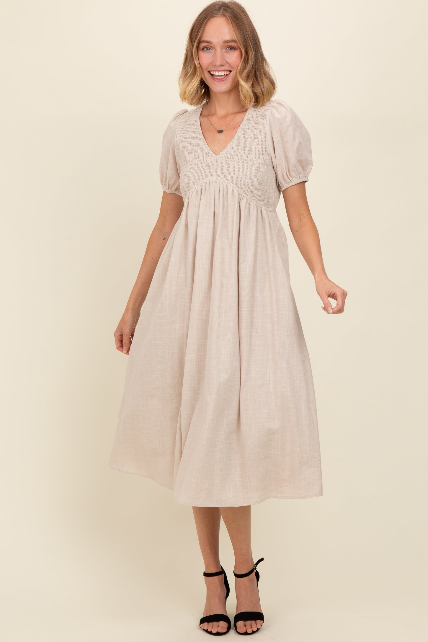 Beige Smocked V-Neck Puff Sleeve Midi Dress PinkBlush Beige Smocked V-Neck Puff Sleeve Midi Dress PinkBlush