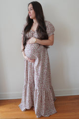 Cream Floral Button Accent Maternity Maxi Dress