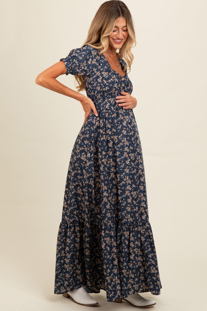 Navy Blue Floral Button Accent Maternity Maxi Dress Navy Blue Floral Button Accent Maternity Maxi Dress