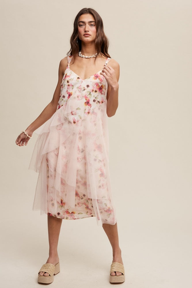 Blush Romantic Floral Print Midi Dress With Drapey Mesh – PinkBlush