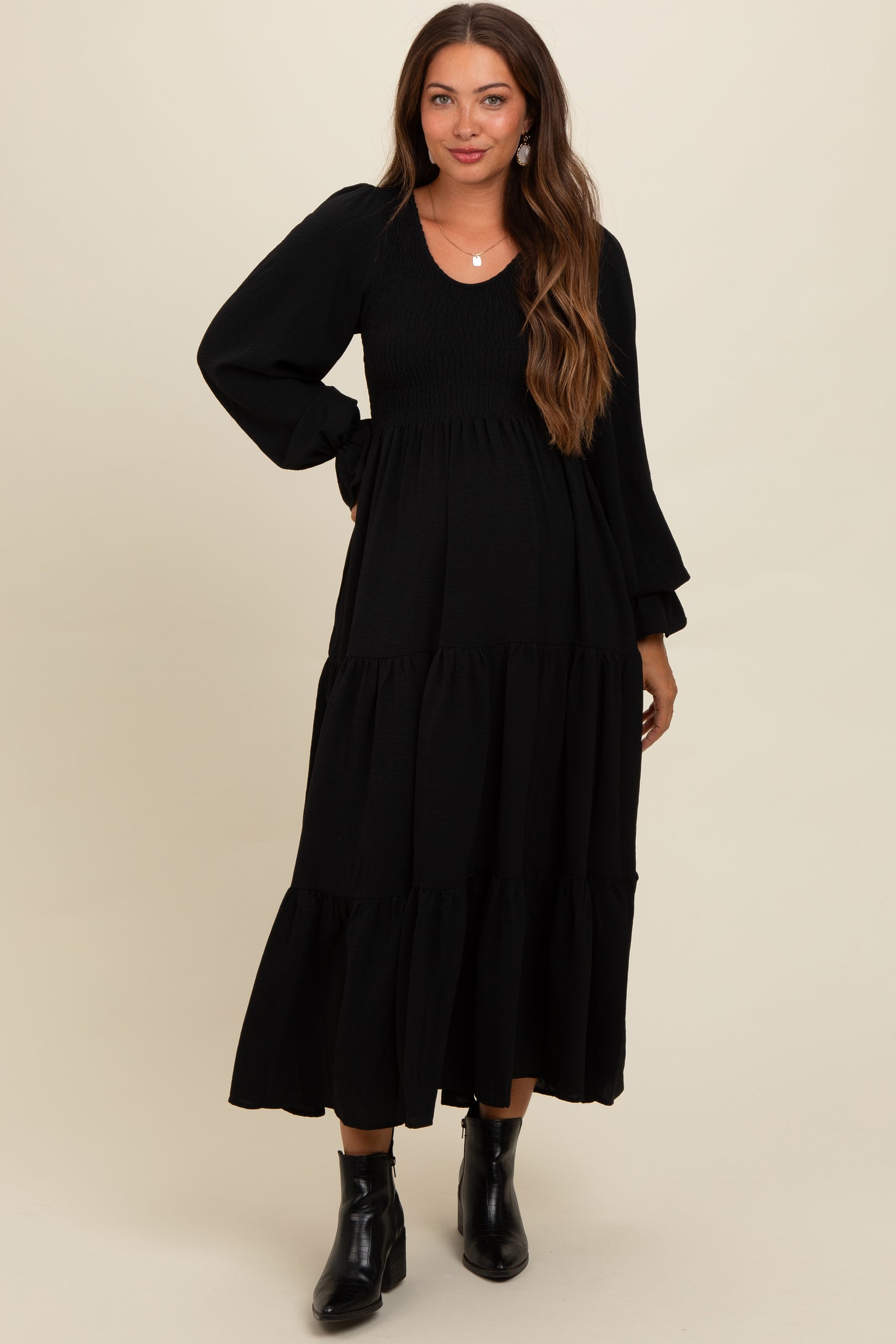 Black Smocked Tiered Long Sleeve Maternity Maxi Dress PinkBlush Black Smocked Tiered Long Sleeve Maternity Maxi Dress PinkBlush