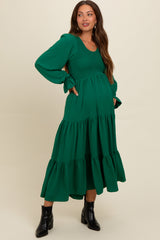 Green Smocked Tiered Long Sleeve Maternity Maxi Dress