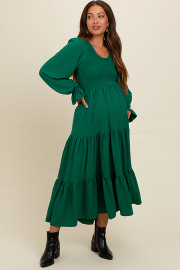 Green Smocked Tiered Long Sleeve Maternity Maxi Dress