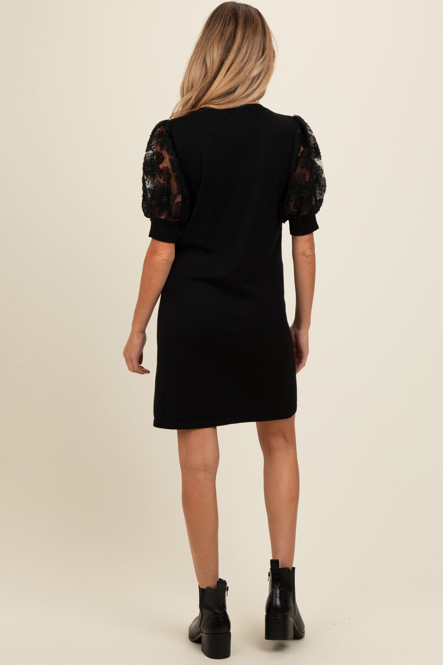 Black Knit Beaded Floral Mesh Sleeve Maternity Mini Dress PinkBlush Black Knit Beaded Floral Mesh Sleeve Maternity Mini Dress PinkBlush