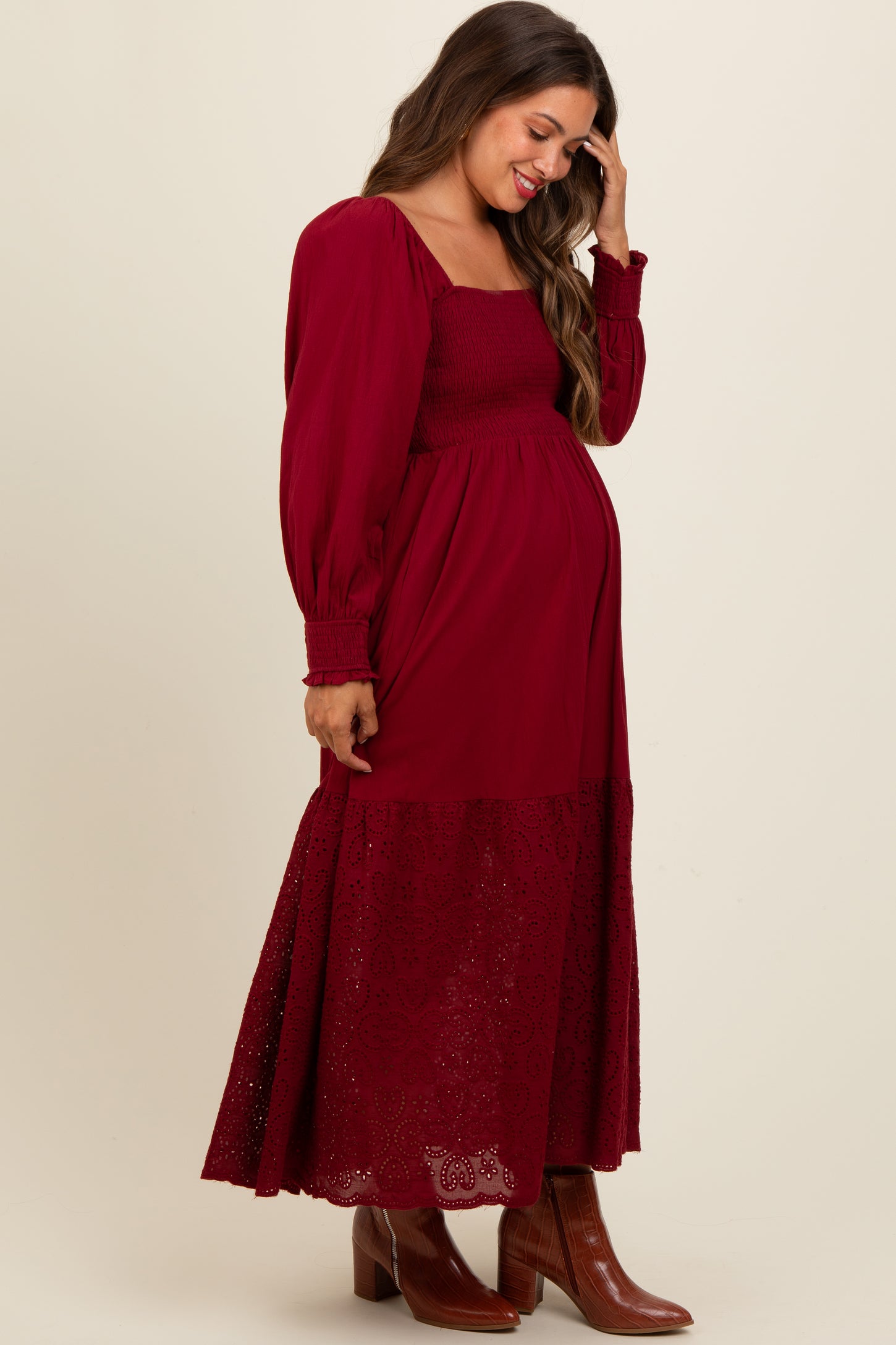 Burgundy Smocked Eyelet Lace Hem Maternity Maxi Dress PinkBlush Burgundy Smocked Eyelet Lace Hem Maternity Maxi Dress PinkBlush