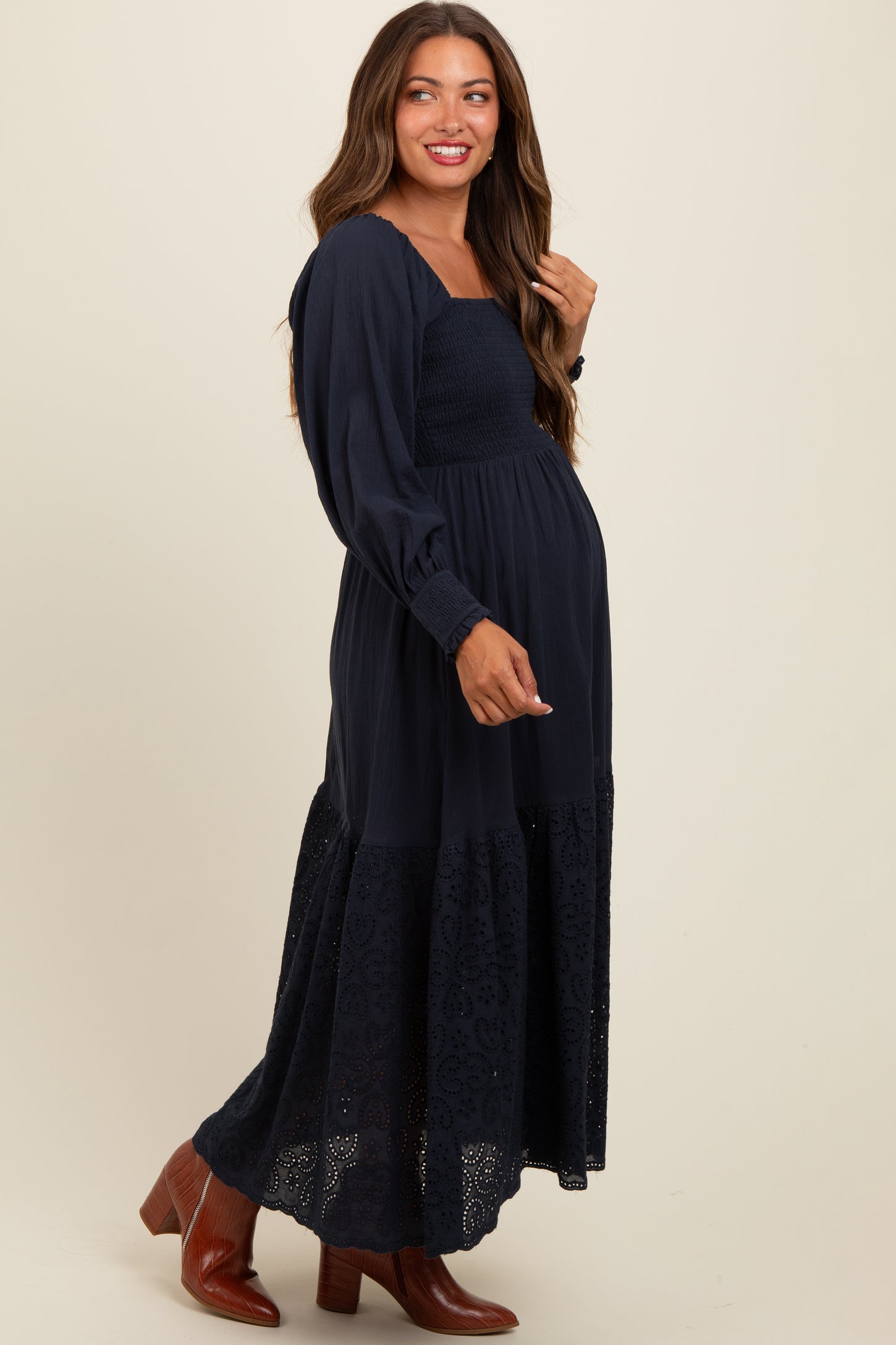 Navy Blue Smocked Eyelet Lace Hem Maternity Maxi Dress PinkBlush Navy Blue Smocked Eyelet Lace Hem Maternity Maxi Dress PinkBlush