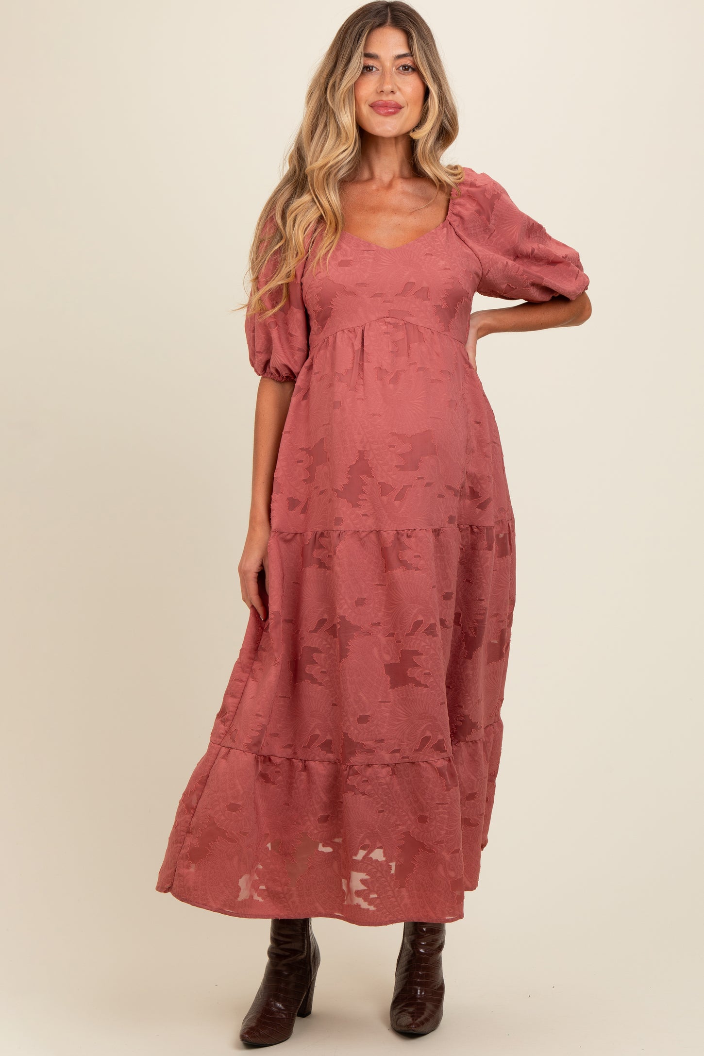 Mauve Floral Textured Tiered Midi Maternity Dress – PinkBlush